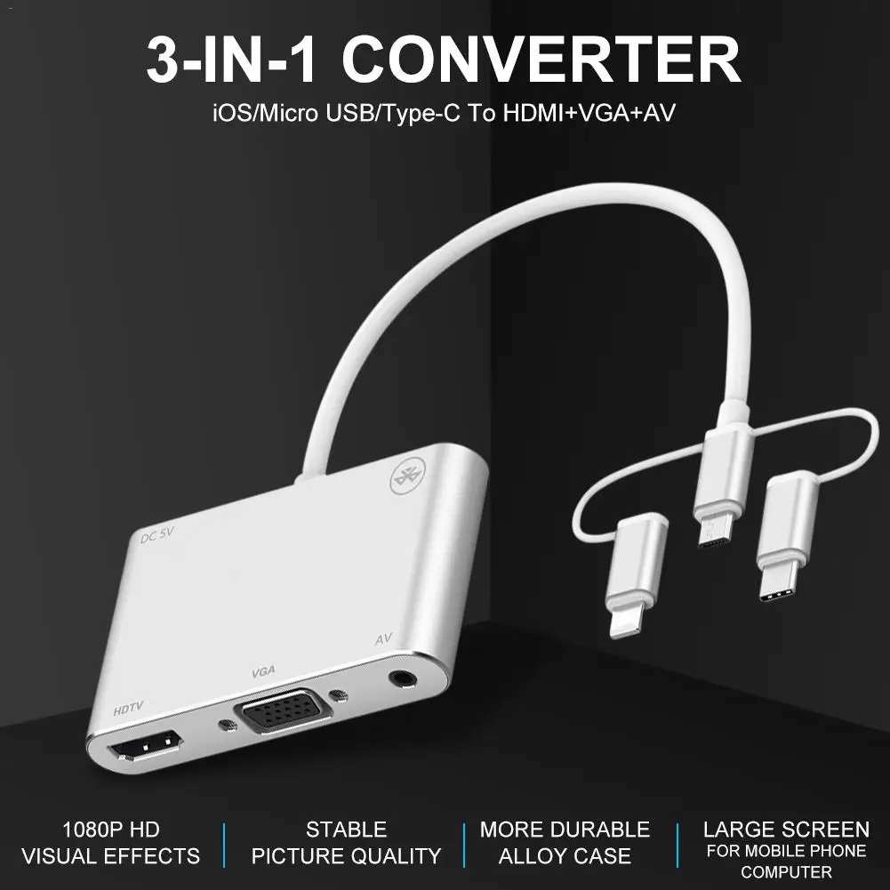 3 In 1 Universal Adapter For IPhone Micro USB Type-c To HDMI VGA AV Converter Extender Hub With Bluetooth Transmission
3 In 1 Universal Adapter For IPhone Micro USB Type-c To HDMI VGA AV Converter Extender Hub With Bluetooth Transmission
