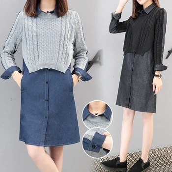 new autumn dress woman outfit plus-size women's knit stitching cowboy clothing long sleeve loose dress denim patchwork XL-4XL
new autumn dress woman outfit plus-size women's knit stitching cowboy clothing long sleeve loose dress denim patchwork XL-4XL