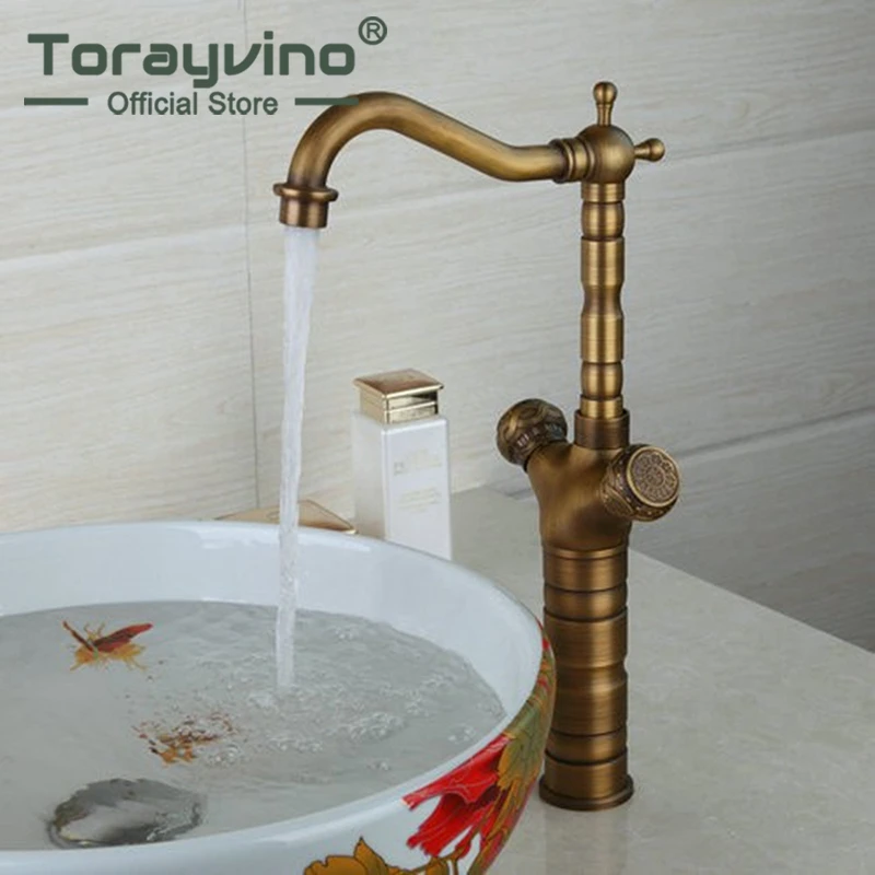 

Bathroom Deck Mounted Tap Sink Mixer Faucet Tall Antique Brass Double Handles Wash next Basin Faucets