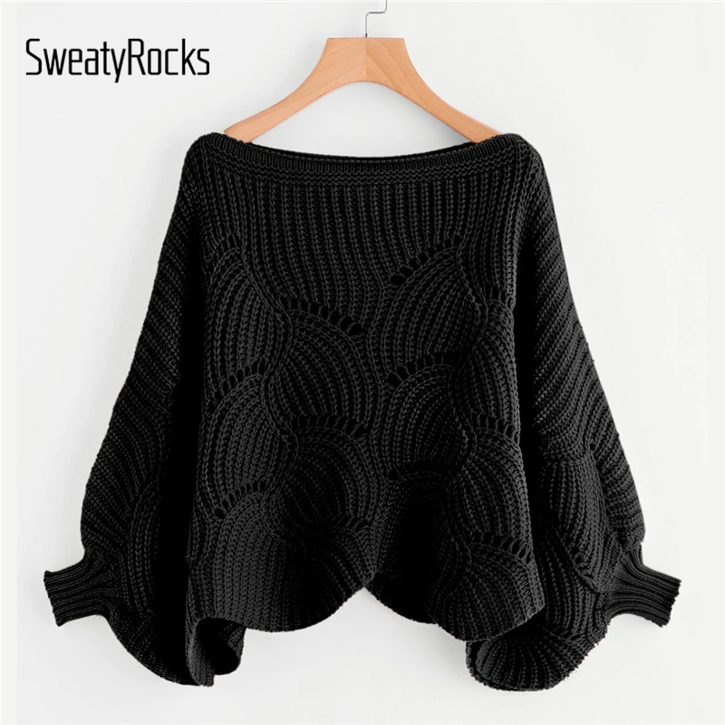 SweatyRocks Black Eyelet Detail Scallop Trim Oversized Sweater Batwing Sleeve Boat Neck 2018 Autumn Lady Casual Women Sweaters
SweatyRocks Black Eyelet Detail Scallop Trim Oversized Sweater Batwing Sleeve Boat Neck 2018 Autumn Lady Casual Women Sweaters