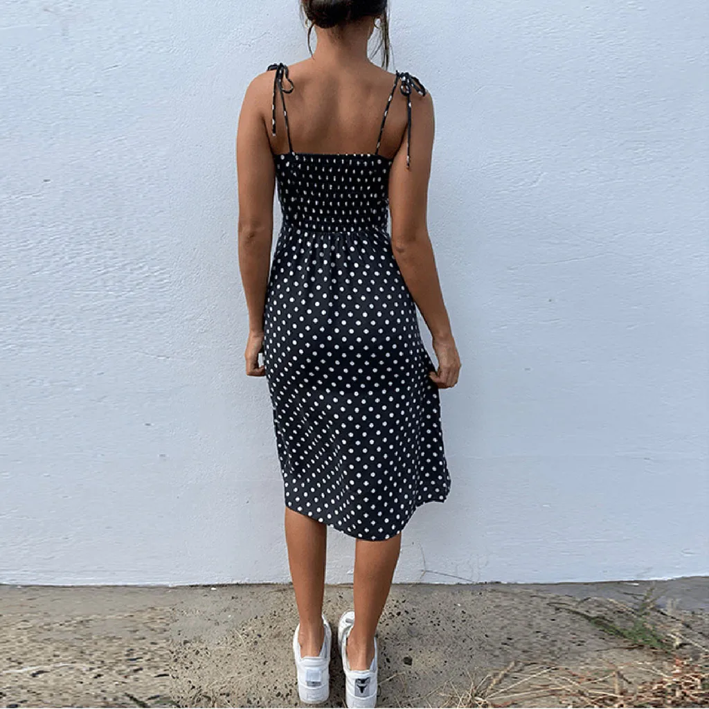 Women Casual Polka Dot Sleeveless High Pleated elastic waist V-Neck Beach Dress JKP4289