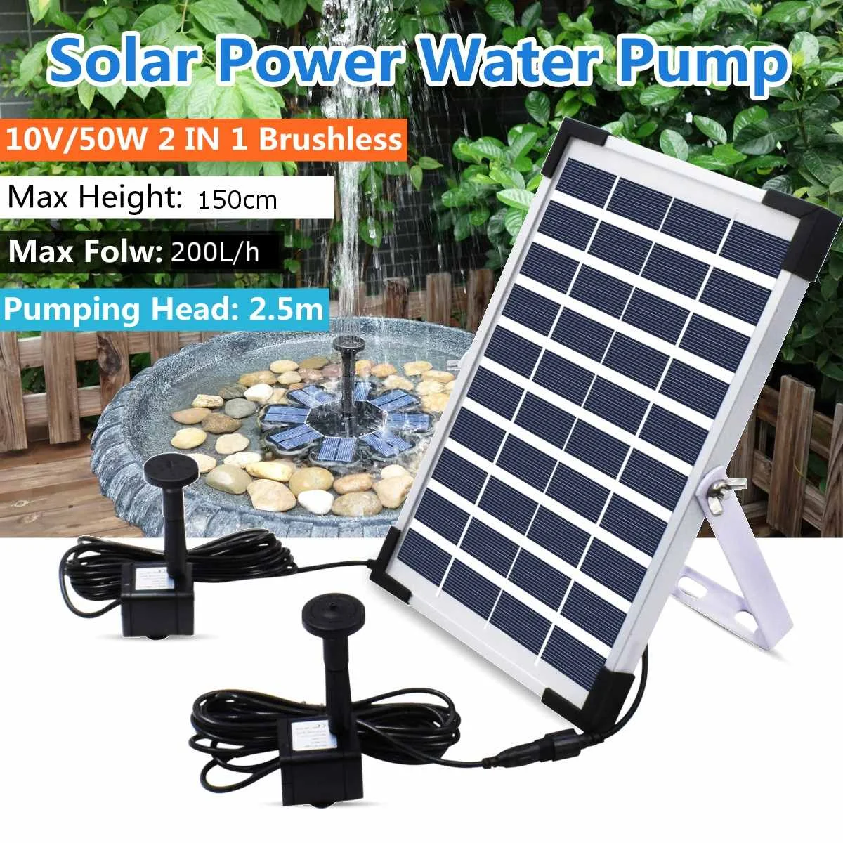 

2019 New 10V 5W Solar Power 2 in 1 Brushless Water Pump Water Fountain Pump For Pool Pond Garden Outdoor Submersible