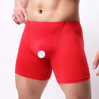 

Sexy Men 3D Plus Size Ice Silk Smooth Solid Big U Convex Pouch Half-length Boxers Long Leg Underpants Boxer Jocks Gay Wear F14