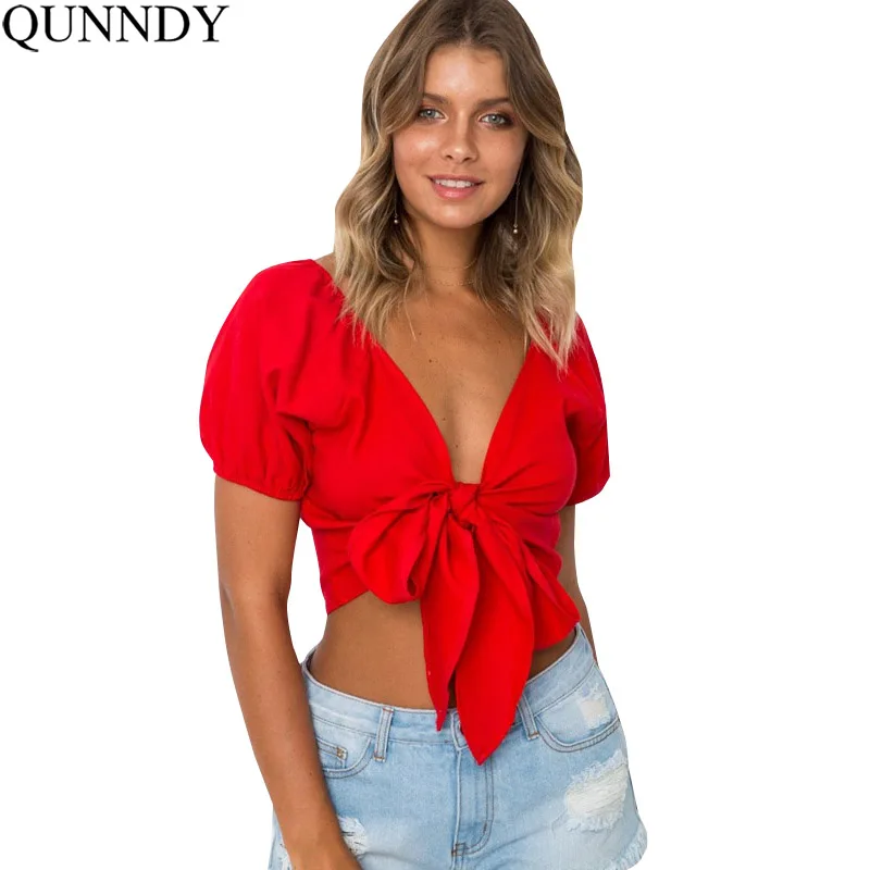 Qunndy Summer Women Blouses Short Sleeves Sexy V Neck Blouse Shirt Bow Streetwear Female Blusas Cross Bandage Slim Crop Top
Qunndy Summer Women Blouses Short Sleeves Sexy V Neck Blouse Shirt Bow Streetwear Female Blusas Cross Bandage Slim Crop Top
