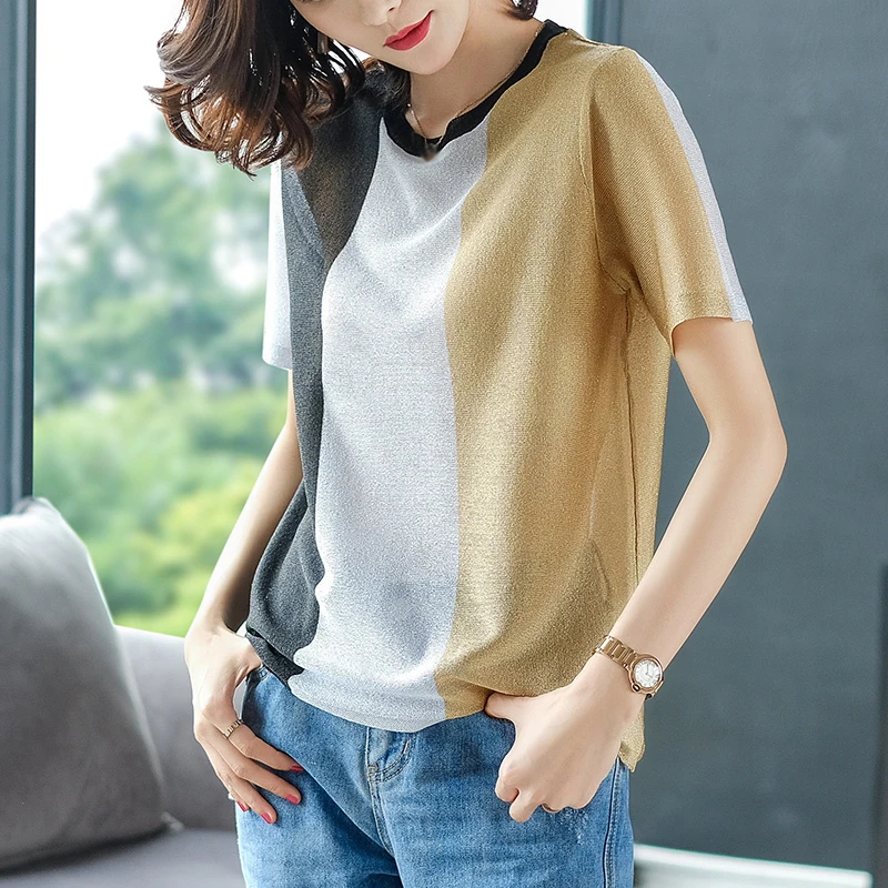 Tops women's short-sleeved t-shirt fashion color matching shirt loose 2019 summer new ice silk knit bottoming shirt wild T-shirt
Tops women's short-sleeved t-shirt fashion color matching shirt loose 2019 summer new ice silk knit bottoming shirt wild T-shirt