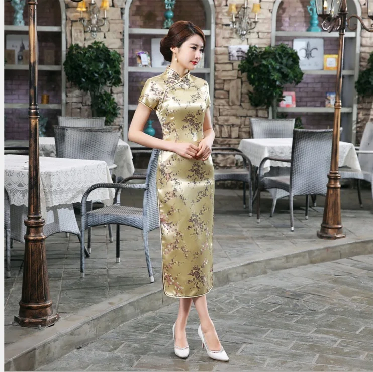 Summer New Gold Chinese Women Traditional Dress Silk Satin Cheongsam Slim Long Qipao Elegant Flower Size S M L XL XXL WC054
Summer New Gold Chinese Women Traditional Dress Silk Satin Cheongsam Slim Long Qipao Elegant Flower Size S M L XL XXL WC054