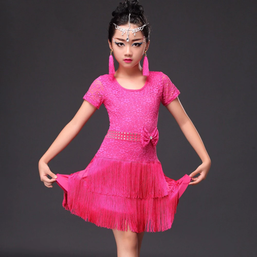 Фото Розовые платья для латинских танцев девочек хорошее качество юбка с кисточками