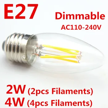 

New Design 2W 4W E27 220V 110V AC Dimmable E27 C35 LED Filament Candle Bulbs CRI 80 360 Degree 5 Pcs Per Lot Free Shipping