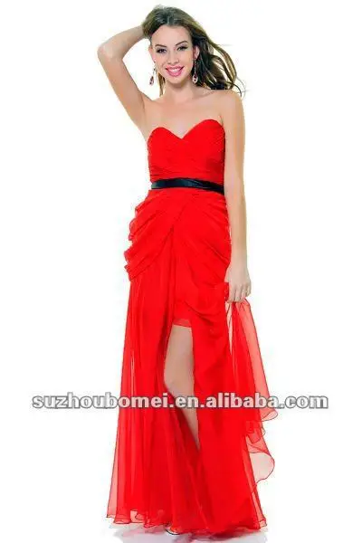 2012 Top Design Sweetheart Red Chiffon Floor Length Fashion Black Sash Sweetheart Sexy High Split Prom Dresses
