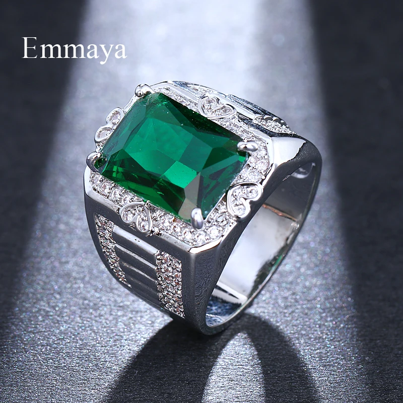 Emmaya Luxury Full Crystal Big Green Stone AAA Cubic Zirconia Rings For Men And Women Male Metal Plated Zircon Ring | Украшения и