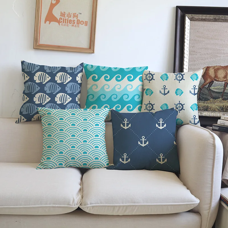 

The Sea Waves Nautical Anchor Rudder Fish Geometric Stripe Patter Pillow Case Home Sailing decoration cushion cover