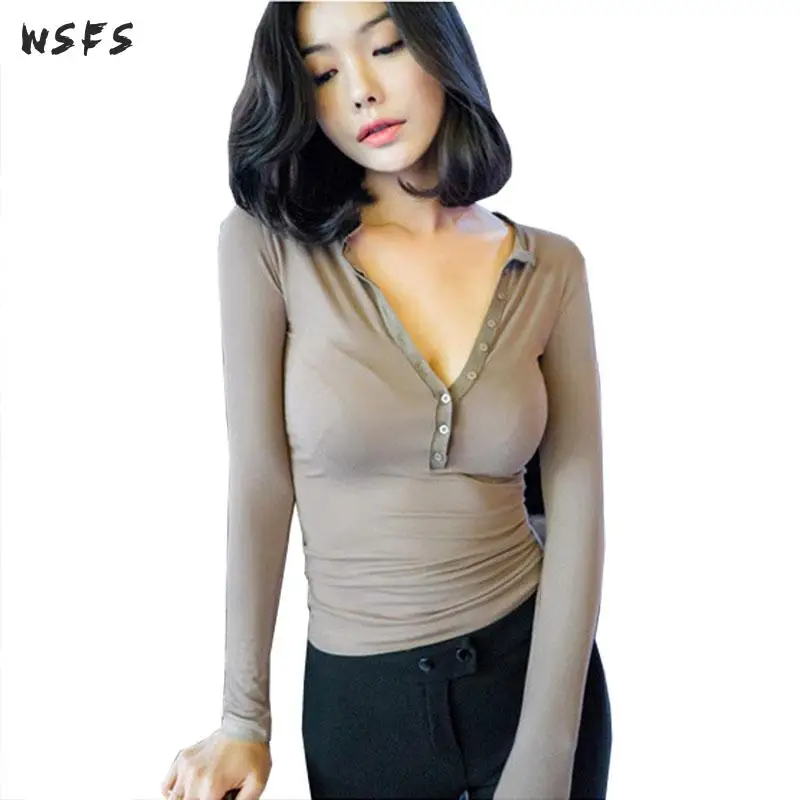 Spring Tshirts Khaki White Black Red Vneck Long Sleeve T Shirt Stretch Cotton Button Sexy Tops Tees T-shirt 2019 Womens Cloth
Spring Tshirts Khaki White Black Red Vneck Long Sleeve T Shirt Stretch Cotton Button Sexy Tops Tees T-shirt 2019 Womens Cloth