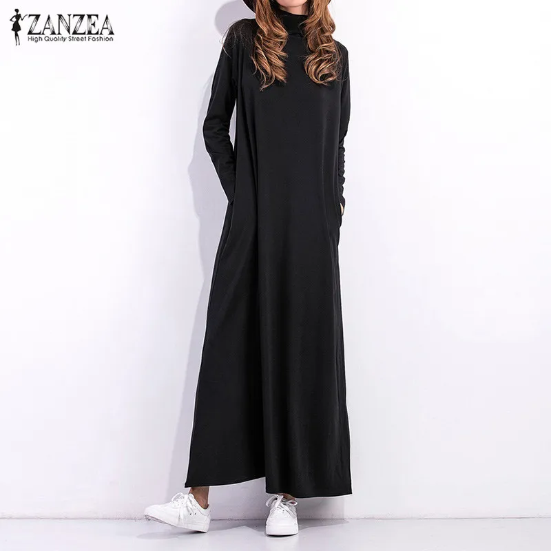 Image Autumn Dress 2017 Women Long Sleeve Turtleneck Long Maxi Dresses Ladies Black Dress Loose Pockets Casual Vestidos Plus Size