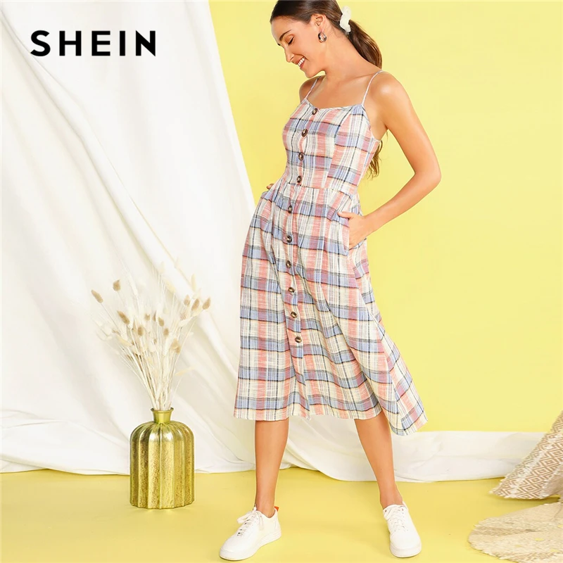 SHEIN Single Breasted Pocket Side Tartan Slip Summer Long Cami Dress Women Multicolor Fit and Flare Straps Preppy Plaid Dresses
SHEIN Single Breasted Pocket Side Tartan Slip Summer Long Cami Dress Women Multicolor Fit and Flare Straps Preppy Plaid Dresses