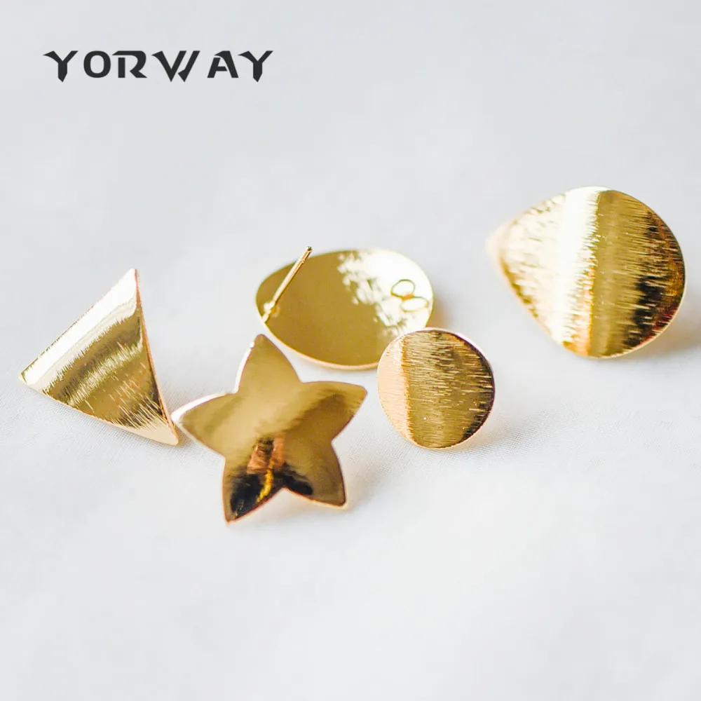 

10pcs/lot Gold Ear Posts with Loops, Real Gold Plated Brass, Triangle Star Round Oval Teardrop Geometric Earring Studs (GB-263)