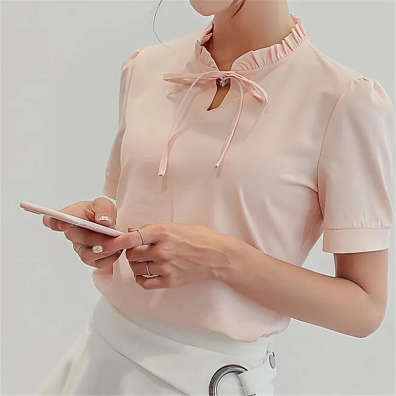Новая модная шифоновая блузка Женская однотонная летняя рубашка с коротким