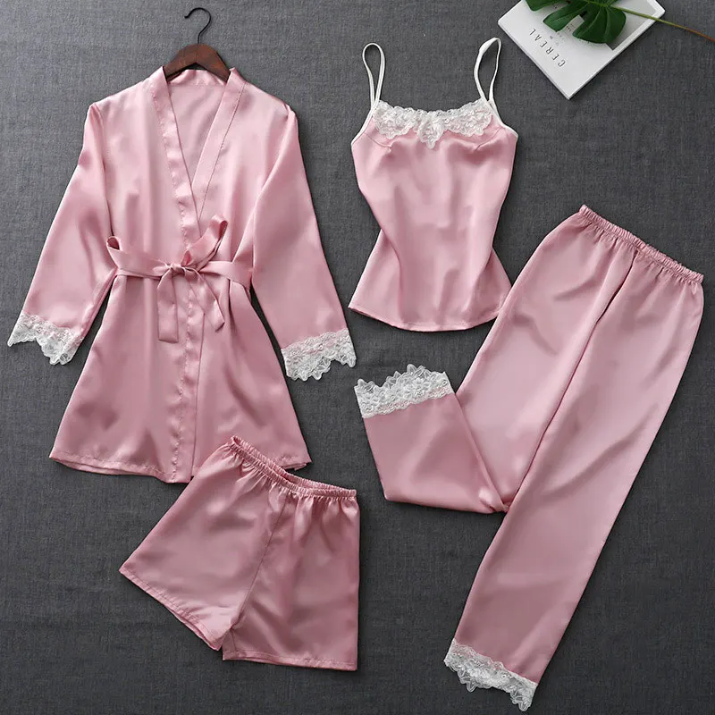 Women 4 Pieces Set Stain Silk Wrap Pajamas Lace Patchwork Sashes Sexy Woman Nightie Home Clothes 2018 Autumn Female Shorts Pants
Women 4 Pieces Set Stain Silk Wrap Pajamas Lace Patchwork Sashes Sexy Woman Nightie Home Clothes 2018 Autumn Female Shorts Pants