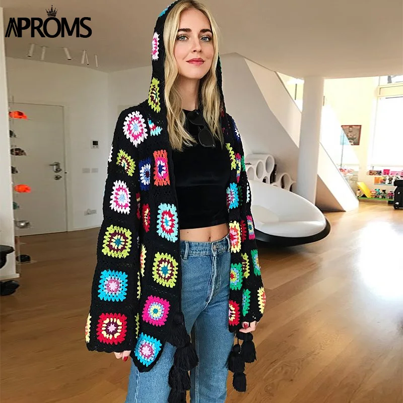 Aproms Multi Color Handmade Crochet Cardigan Female Autumn Boho Tassels Knitted Hooded Sweater Women Winter Knit Outwear Coats
Aproms Multi Color Handmade Crochet Cardigan Female Autumn Boho Tassels Knitted Hooded Sweater Women Winter Knit Outwear Coats