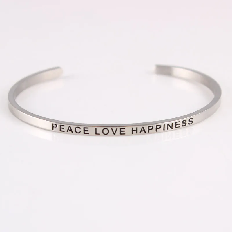 PEACE LOVE HAPPINESS Stainless Steel Bar Engraved Positive Inspirational Quote Cuff Mantra Bracelet Bangle For Women
PEACE LOVE HAPPINESS Stainless Steel Bar Engraved Positive Inspirational Quote Cuff Mantra Bracelet Bangle For Women
