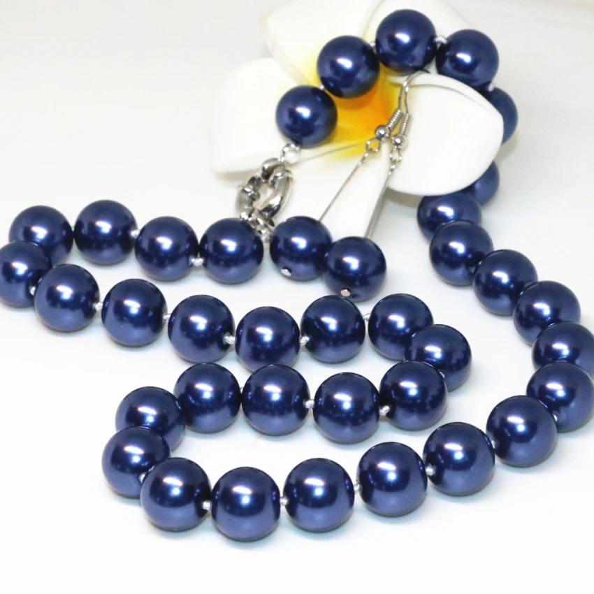 Fashion hot sale jewelry set dark blue round 12mm simulated-pearl shell beads chain necklaces earrings gifts 18inch B2339 | Украшения и