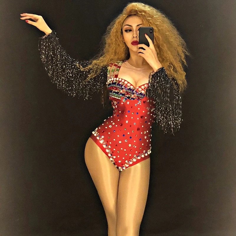 Sexy Red Tassel Bodysuit Female Singer Stage Wear Birthday Celebrate Bar Suit Multicolor Stones Fringes Sleeves Clothes DT516
Sexy Red Tassel Bodysuit Female Singer Stage Wear Birthday Celebrate Bar Suit Multicolor Stones Fringes Sleeves Clothes DT516