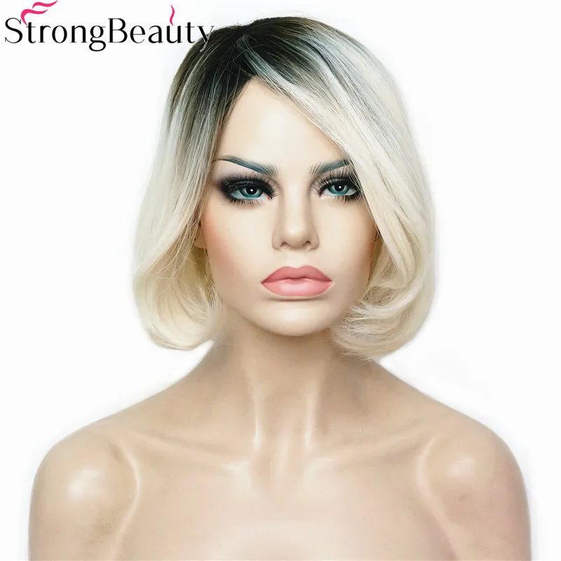 

StrongBeauty Short Straight Synthetic Bob Wigs Heat Resistant Dark to Blonde Ombre Wig Full Capless Women Hair