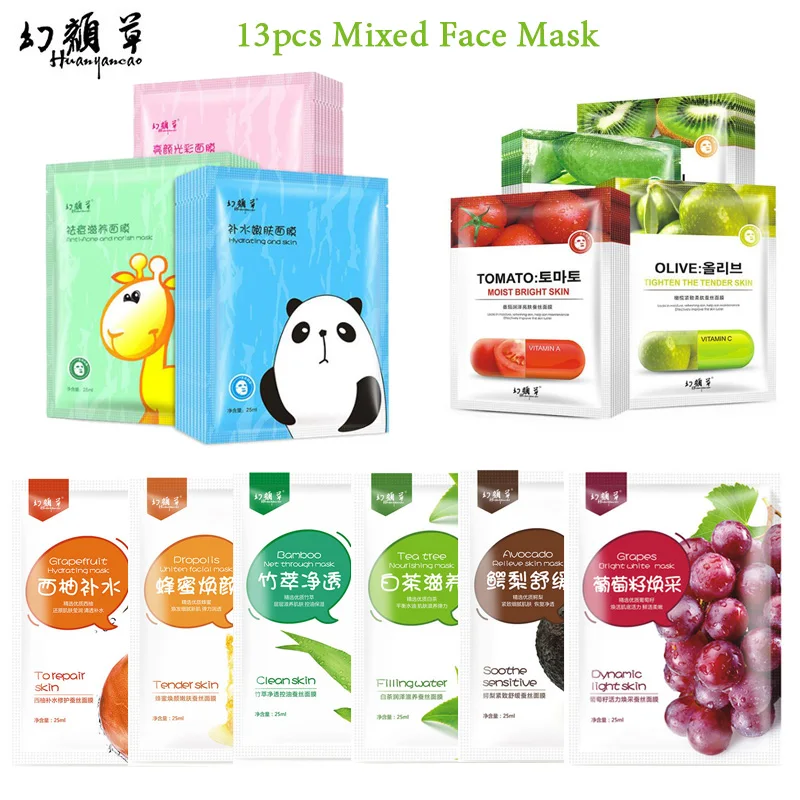 13Pcs Mixed HuanYanCao Facial Mask Cartoon & Plant Fruit Face Mask Deep Moisture Nourish Beauty Skin Essential Face Care
13Pcs Mixed HuanYanCao Facial Mask Cartoon & Plant Fruit Face Mask Deep Moisture Nourish Beauty Skin Essential Face Care