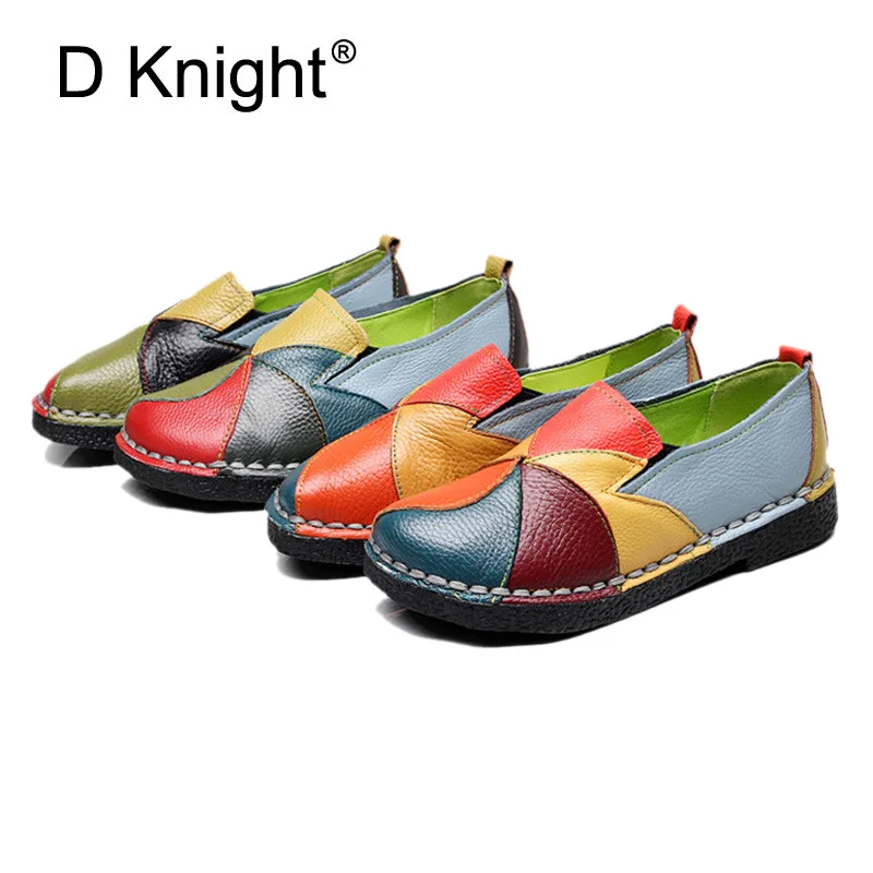 2018 Vintage Flat Shoes Woman Loafers Ethnic Style Handmade Genuine Leather Women's Shoes & Flats Mixed Colors Casual Boat Shoes (2)