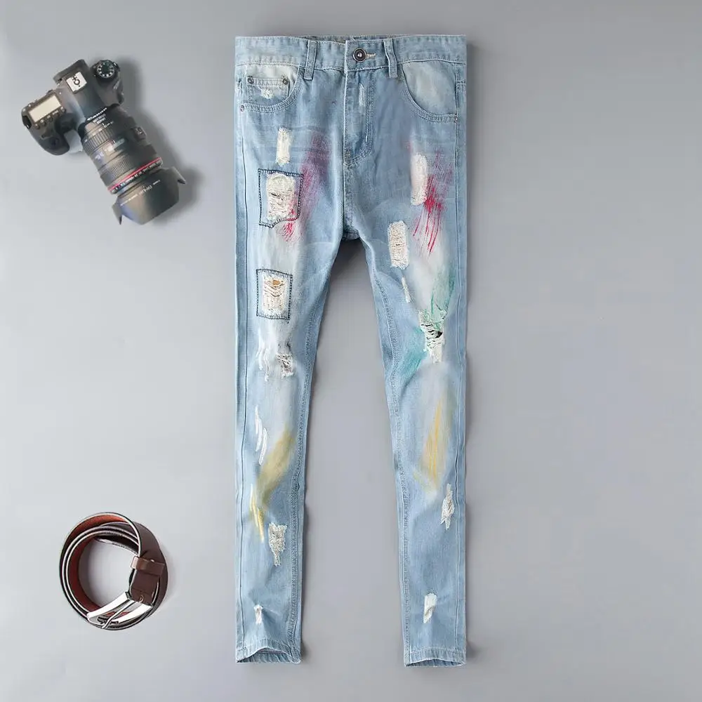 2019 Skinng men jeans sky blue hole slim fit male jeans ripped distressed printed homme denim trousers plus size 38 patchwork
2019 Skinng men jeans sky blue hole slim fit male jeans ripped distressed printed homme denim trousers plus size 38 patchwork