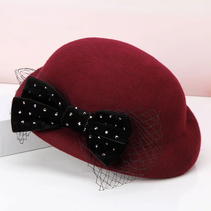 

Lady Fashion Fedoras Hat Girls British Vintage Dome Hats Adult Autumn Winter Woolen Cap Female Stewardess Hat Adjust B8969