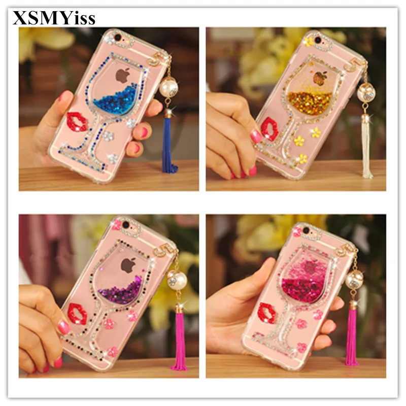XSMYiss Liquid Quicksand Diamond Wine Glass Transparent Back Phone Case For SamsungA5 A7 2017 A9 A8 A6 PLUS A50 A70 A80 A51 A71 | Мобильные