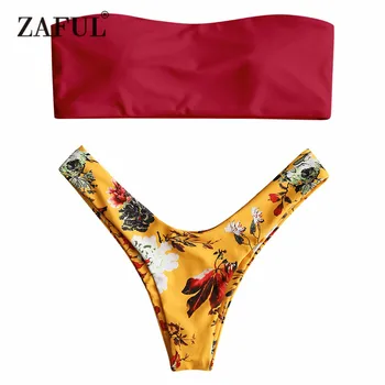 

ZAFUL Bandeau Bikini Strapless Swimwear Women Swimsuit Floral Thong Bikini Set Low Waist Padded Brazilian Biquni Bathing Suit