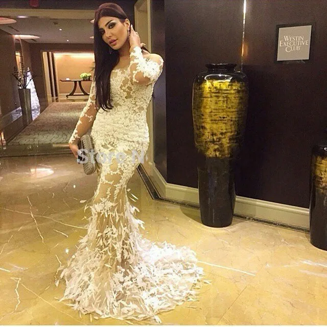 

Stunning White and Nude Mermaid Long Evening Dress with Sheer Appliques Lebanon Vestido De Festa Lace Party Prom Dress