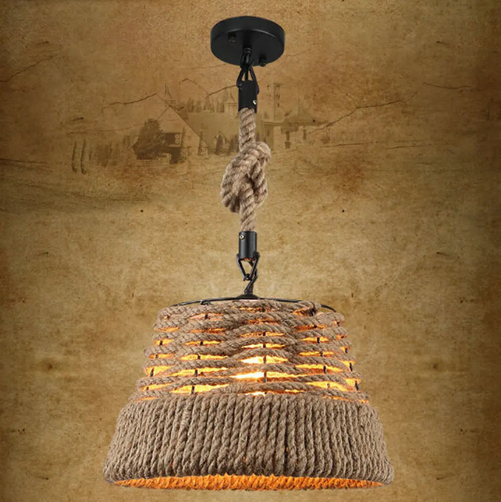 

Wicker Loft Iron Rope Droplight Edison Industrial Vintage Pendant Light Fixtures For Dining Room Bar Hanging Lamp Home Lighting