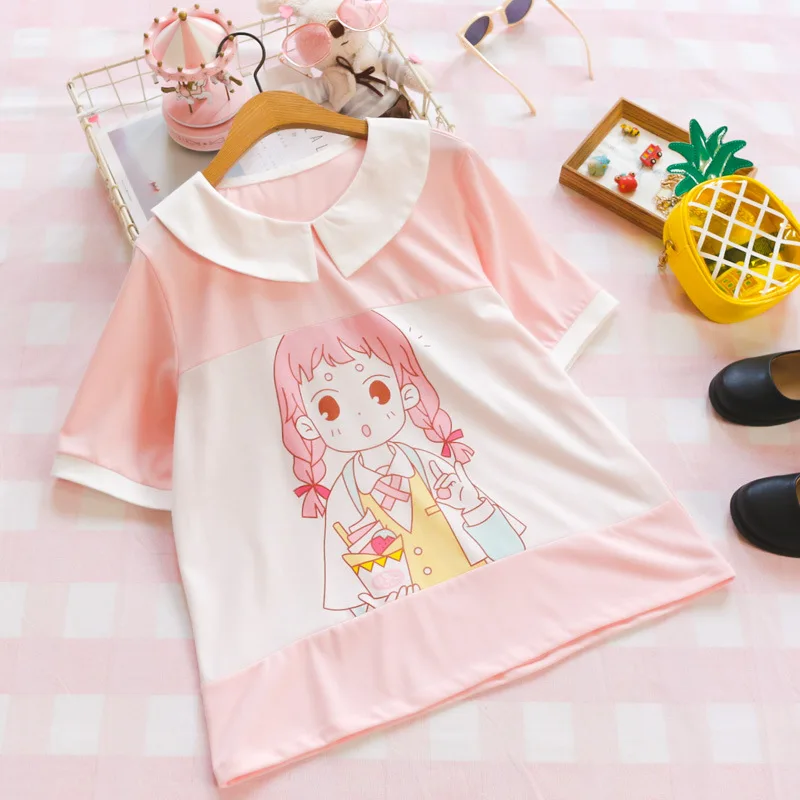 Preppy Style Cute Comic Women T-shirt Japanese Kawaii Anime Graphic Tees Vintage Collar Girl Lovely Pink Tops Female T Shirts
Preppy Style Cute Comic Women T-shirt Japanese Kawaii Anime Graphic Tees Vintage Collar Girl Lovely Pink Tops Female T Shirts
