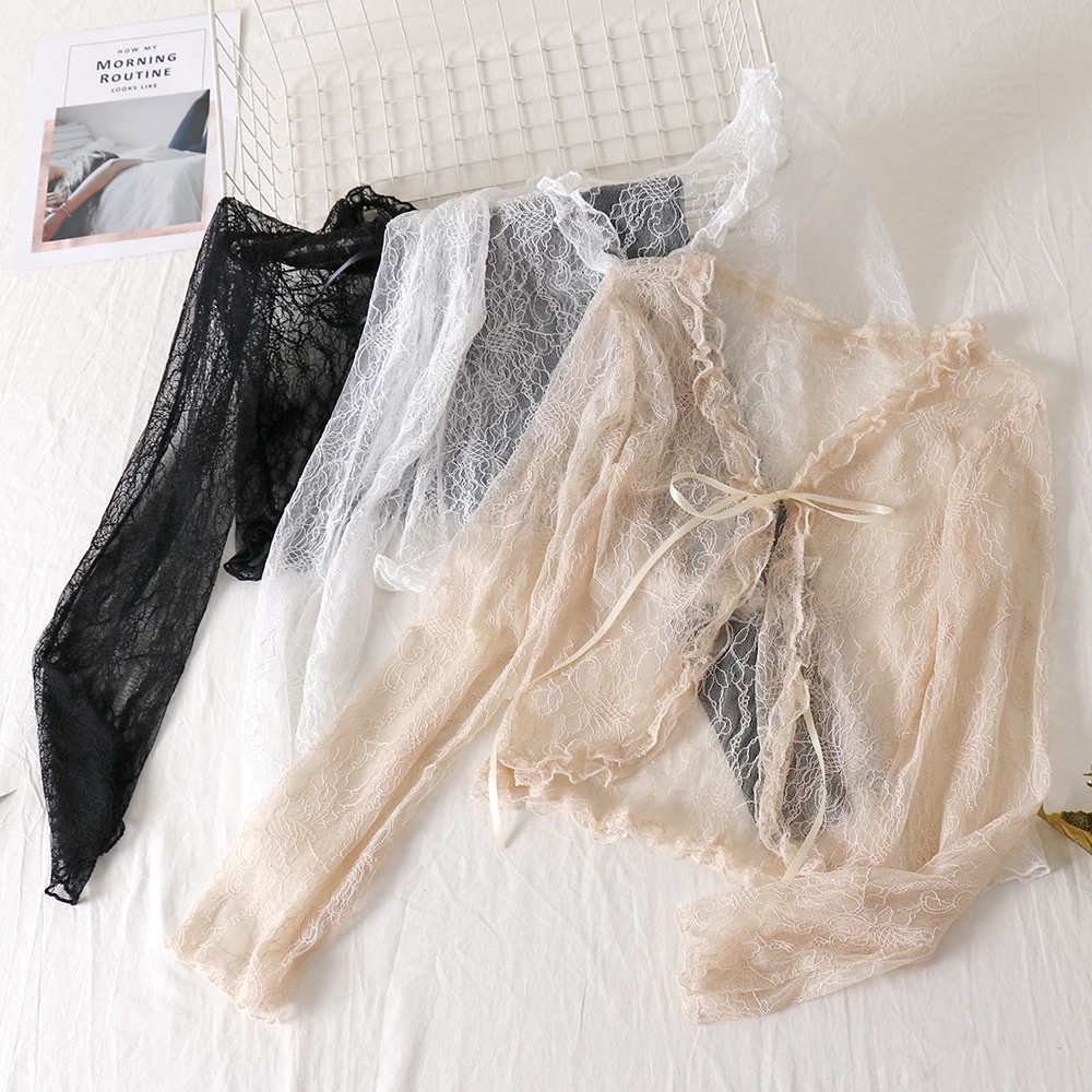 Women Summer Full Sleeve Lace Up Bandage Bow Shirt sweet Short Mesh Gauze Voile Cardigan Ruffles Blouse Tops G413
Women Summer Full Sleeve Lace Up Bandage Bow Shirt sweet Short Mesh Gauze Voile Cardigan Ruffles Blouse Tops G413