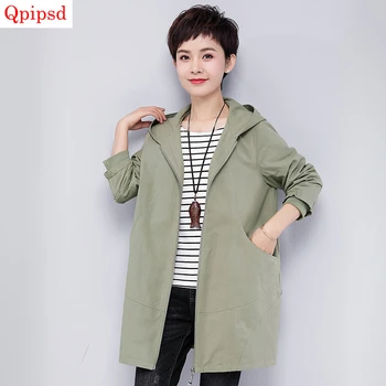Spring Autumn New Plus Size Casual Trench Coats Women Cotton Hooded Windbreakers Womens Solid Loose Coats Female Loose Overcoat