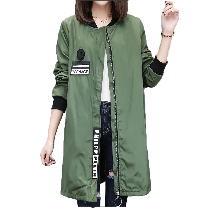 Image 2017 Trench Coat For Women Fashion Casual Long Sleeve Zipper Spring Coat Casaco Feminino Medium Long Army Green Overcoat Coats