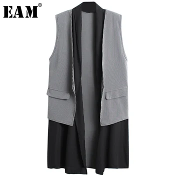 

[EAM] 2020 New Spring Summer Cardigan Sleeveless Spliced Pockets Plaid Brief Temperament Long Vest Women Fashion Tide JX797