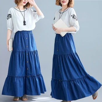 Summer Woman Long Skirt 2019 New Vintage Solid Blue Elastic High Waist Button A Line Maxi Skirt Loose Casual Skirts Womens
Summer Woman Long Skirt 2019 New Vintage Solid Blue Elastic High Waist Button A Line Maxi Skirt Loose Casual Skirts Womens