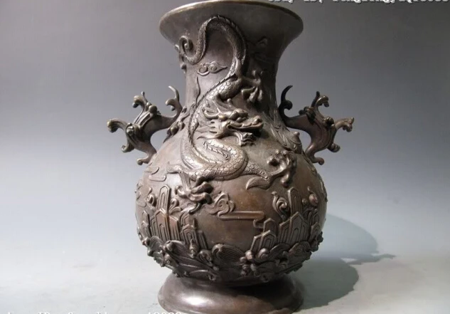 

S0538 Chinese Royal Palace Pure Bronze Carved Dragon Binaural Crock Aquarius Pot Vase D0318