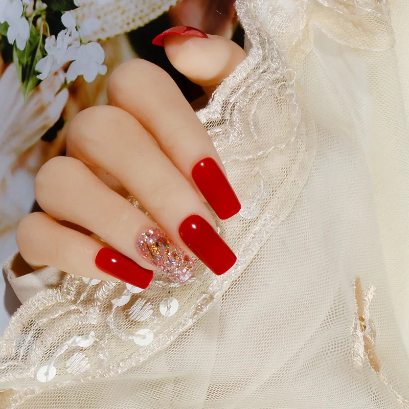 Fashion long red fake nails bling pink Sequins square press on nail tips free stickers
Fashion long red fake nails bling pink Sequins square press on nail tips free stickers
