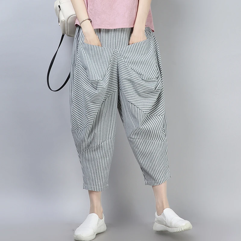 Fashion Women Cotton Linen Harem Pants Striped Print Pocket Wide Leg Trousers Women Summer Casual Loose Baggy Pants Grey/Black
Fashion Women Cotton Linen Harem Pants Striped Print Pocket Wide Leg Trousers Women Summer Casual Loose Baggy Pants Grey/Black