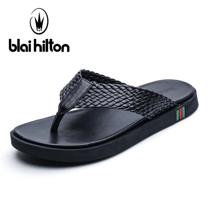 Blai Hilton 2018 New Summer Fashion Genuine Leather Cow Outdoor Casual Slippers Men Shoes Flip Flops Beach Slippers