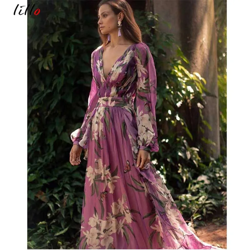 Sexy big V-neck dress lily print mopping dress Bohemian style beach dress sexy fashion party dress club purple Elegance summer
Sexy big V-neck dress lily print mopping dress Bohemian style beach dress sexy fashion party dress club purple Elegance summer