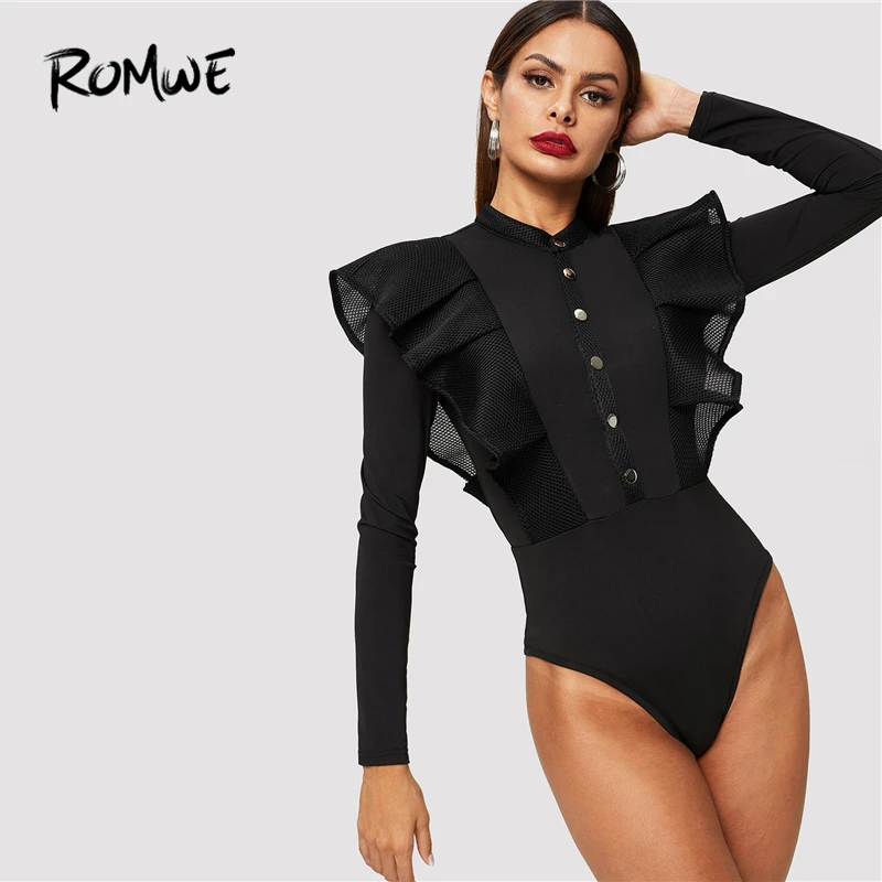 ROMWE Button Front Fishnet Mesh Trim Ruffle Black Bodysuit Fall 2019 Long Sleeve Bodysuit Autumn Stand Collar Mid Waist Bodysuit
ROMWE Button Front Fishnet Mesh Trim Ruffle Black Bodysuit Fall 2019 Long Sleeve Bodysuit Autumn Stand Collar Mid Waist Bodysuit