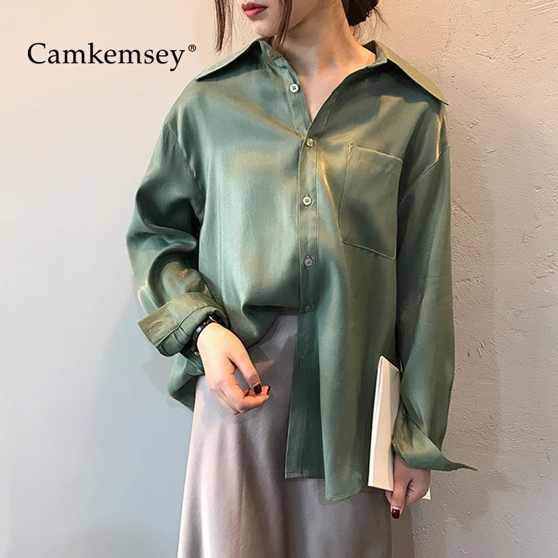 CamKemsey Spring Autumn Women Blouses Shirts 2019 New Fashion Turn Down Collar Pockets Office Ladies Casual Satin Shirts
CamKemsey Spring Autumn Women Blouses Shirts 2019 New Fashion Turn Down Collar Pockets Office Ladies Casual Satin Shirts