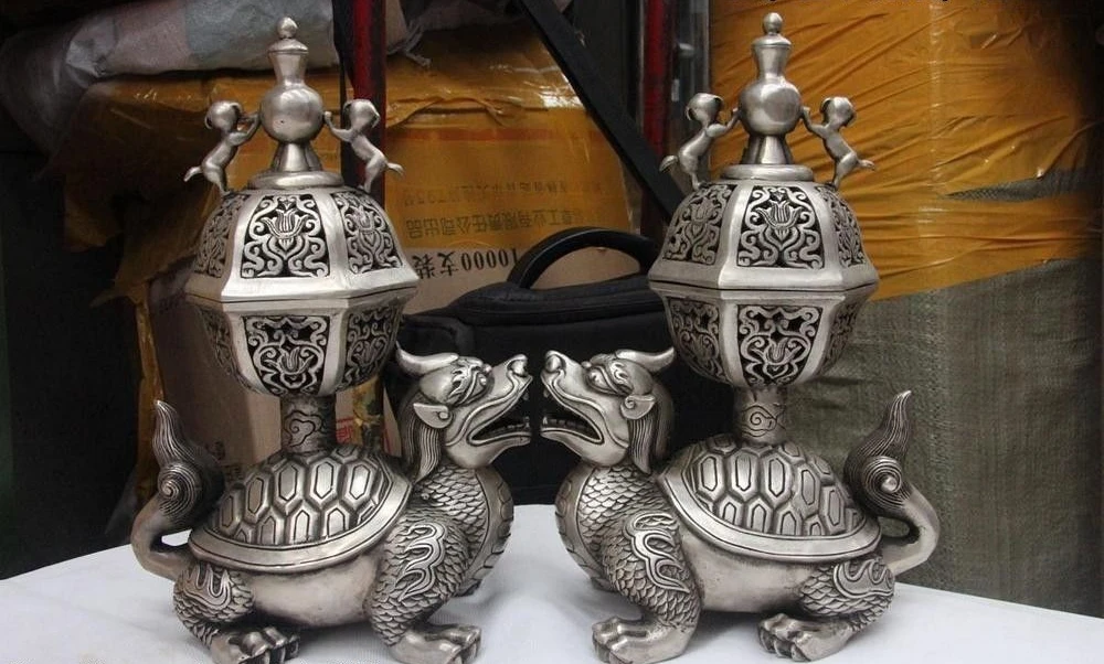Tibetan Buddhism White Copper Silver Dragon Tortoise Incense Burner Censer Pair
Tibetan Buddhism White Copper Silver Dragon Tortoise Incense Burner Censer Pair