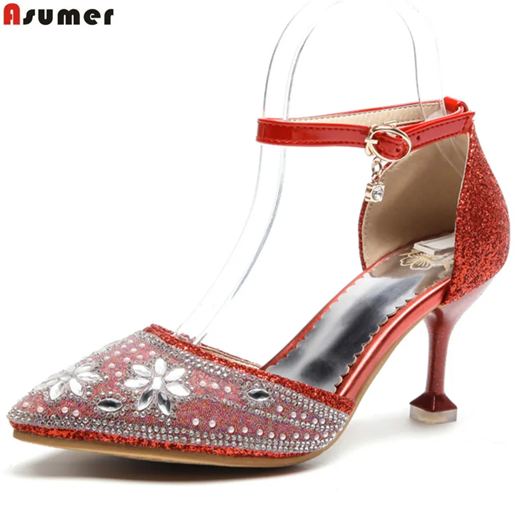 ASUMER red gold silver pointed toe buckle thin heel fashion wedding shoes woman crystal women high heels shoes plus size 33-46
ASUMER red gold silver pointed toe buckle thin heel fashion wedding shoes woman crystal women high heels shoes plus size 33-46
