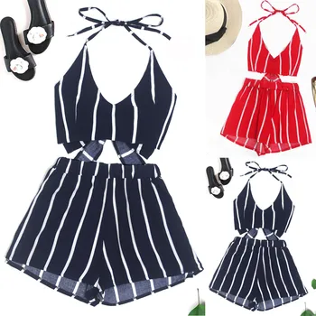 KLV 2019 TOP Summer sexy women's sling hanging neck striped print sleeveless Bndage vest shirt + shorts two-piece 2.27
KLV 2019 TOP Summer sexy women's sling hanging neck striped print sleeveless Bndage vest shirt + shorts two-piece 2.27